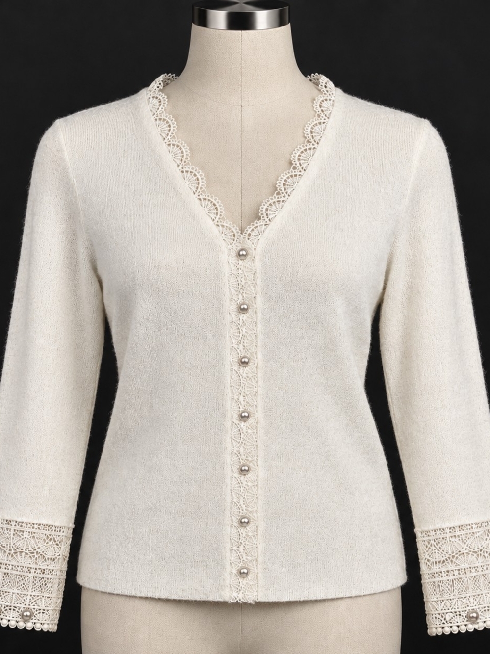 Cream Lace-Trim V-Neck Pearl Button Cardigan Sweater